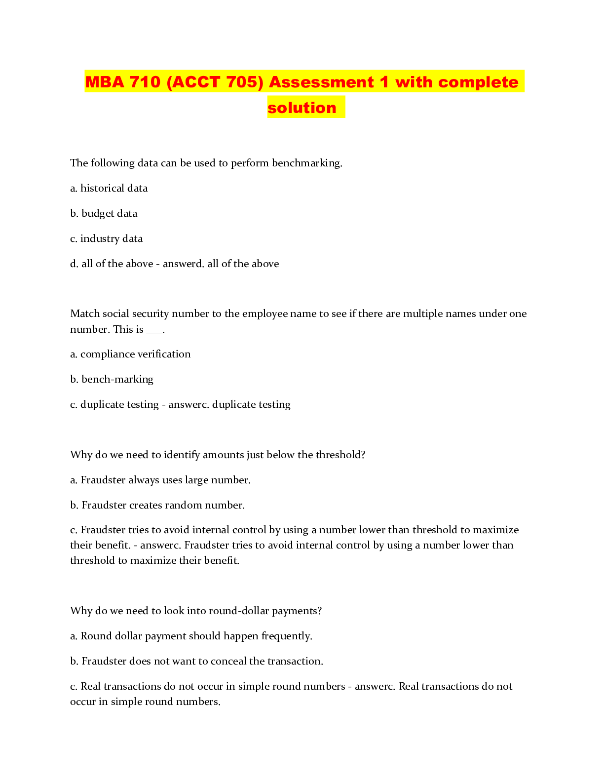 Preview image of MBA 710 (ACCT 705) Assessment 1 with complete solution document